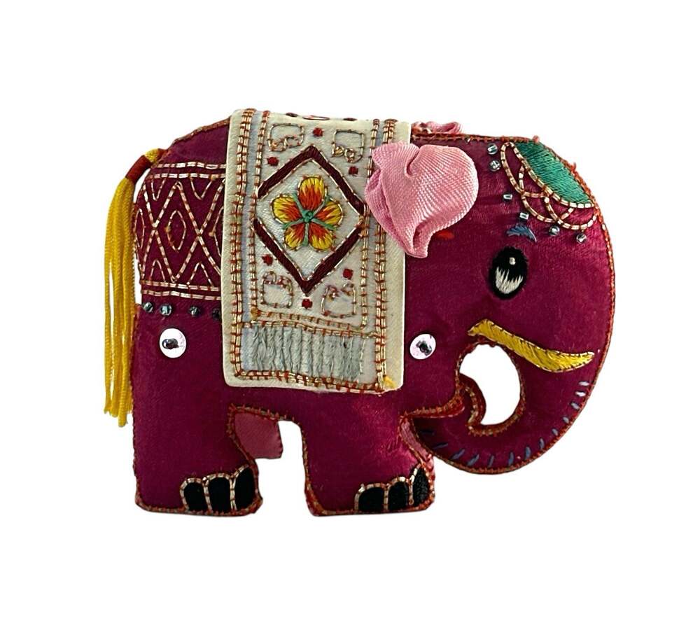 Embroidered Fabric Elephant Figurine Indian Folk Art Burgundy Pink Gold 3.5"
